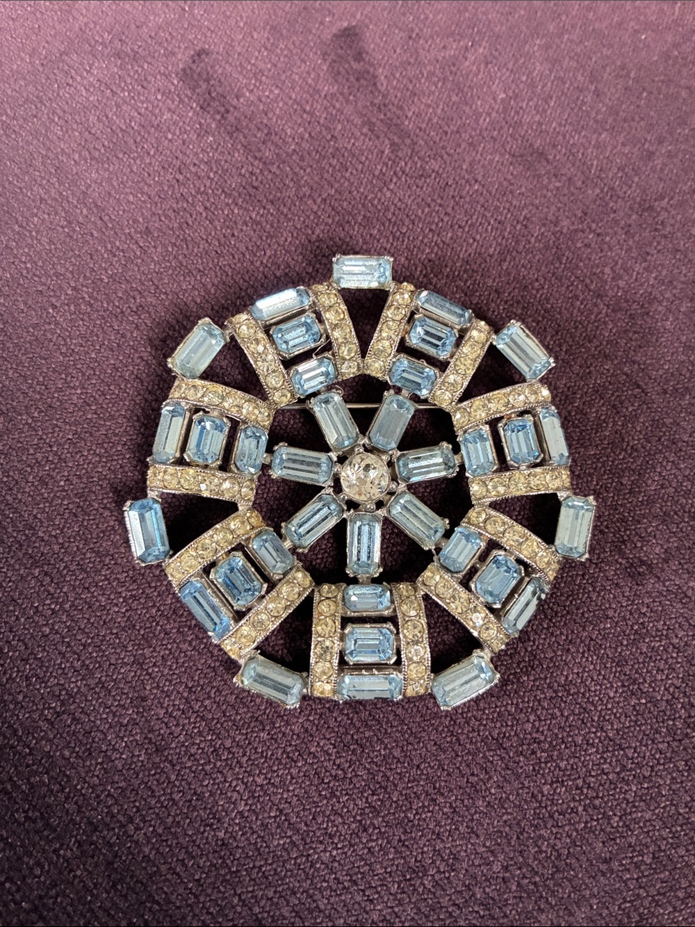 Vintage Bogoff Blue Crystal/Rhinestone Round Wheel Brooch